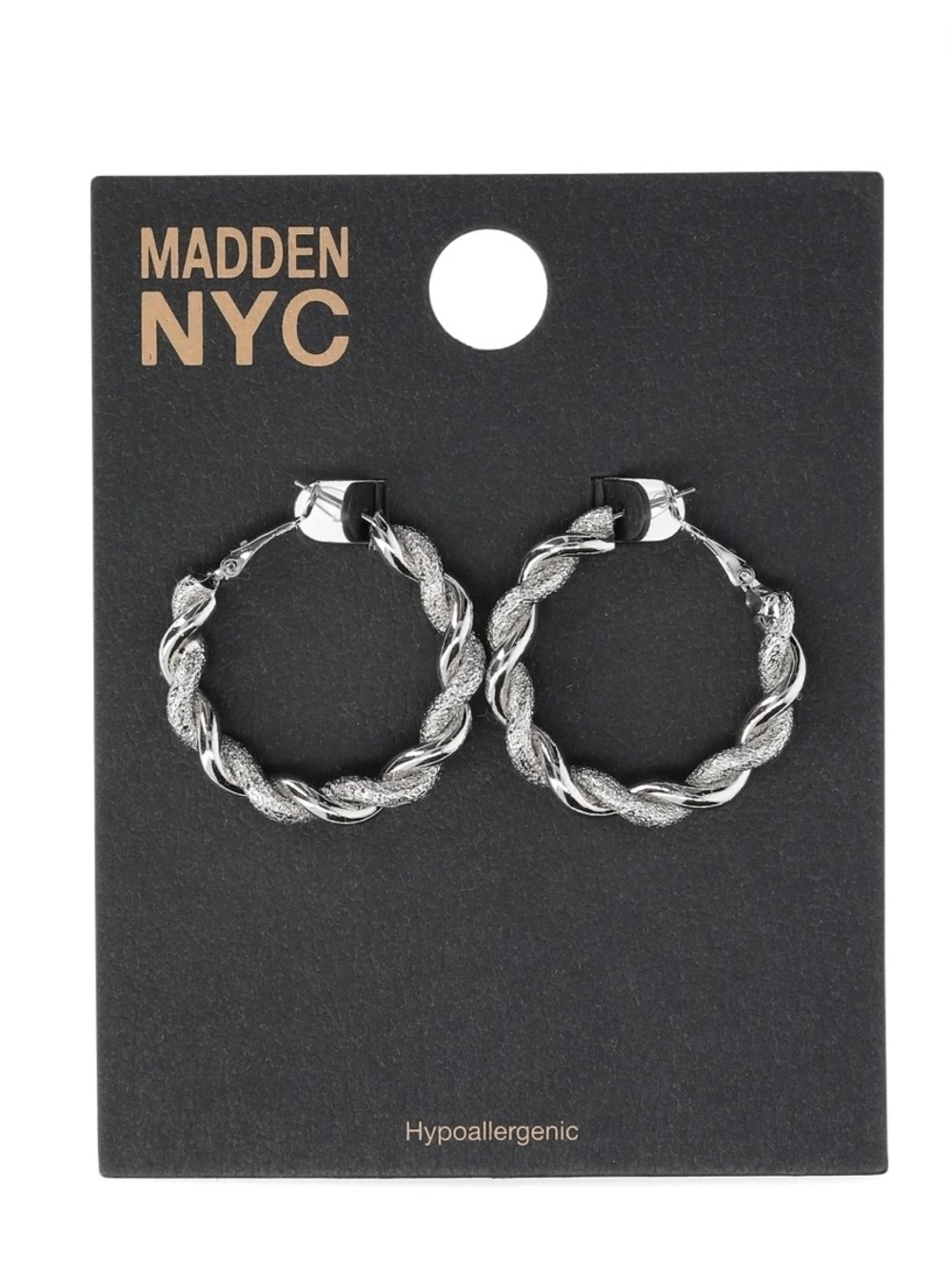 Madden NYC Women's Fashion Rhodium Textured Twist Medium Hoop Earrings